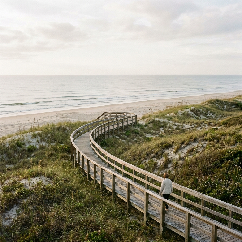 An elegant wooden boardwalk path winding through beach dunes towards the ocean