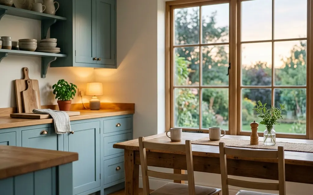 A warm, tidy home kitchen at dusk with two empty chairs at a table, suggesting a steady household