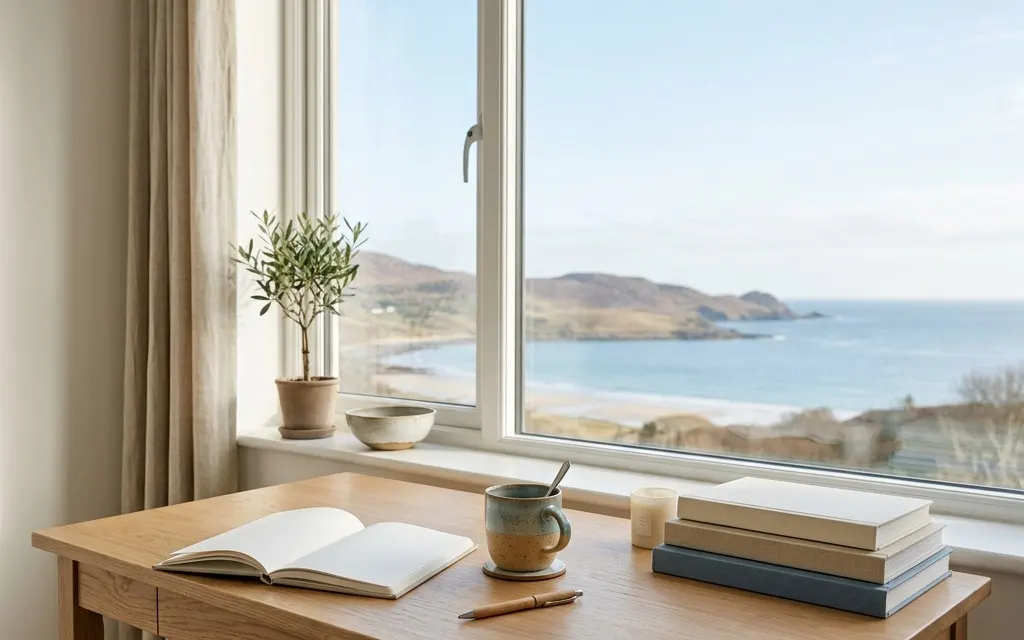A tidy desk by a sunlit window with an empty notebook and a cup, calm and uncluttered, no people