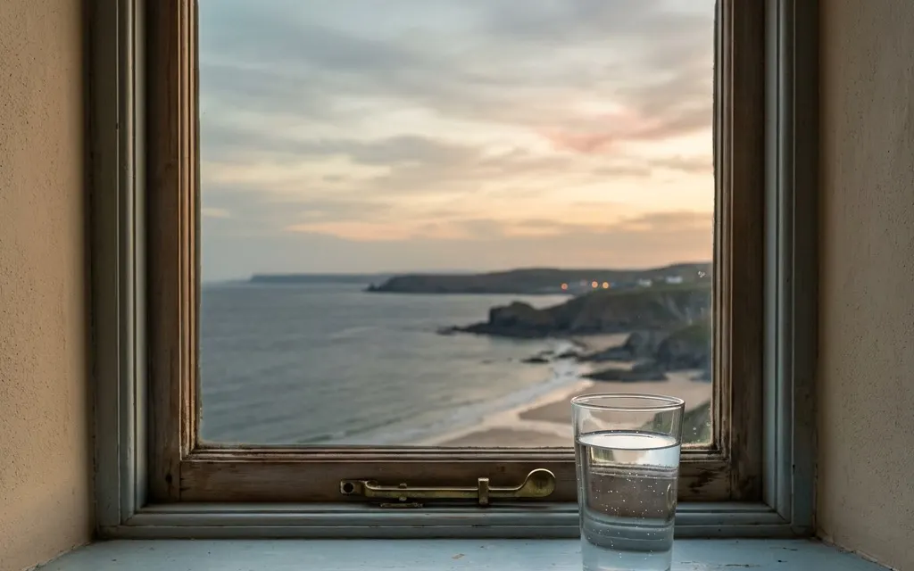 A single glass of water on a quiet windowsill at dusk with soft coastal light, no people