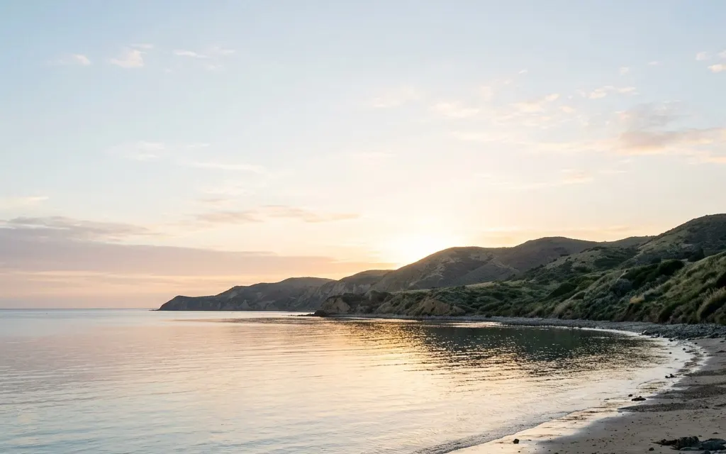 Calm dawn light over still water and low coastal hills in Southern California, no people