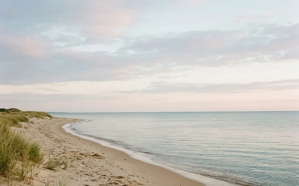 A calm coastal morning with steady, even light over still water and a clear horizon, no people