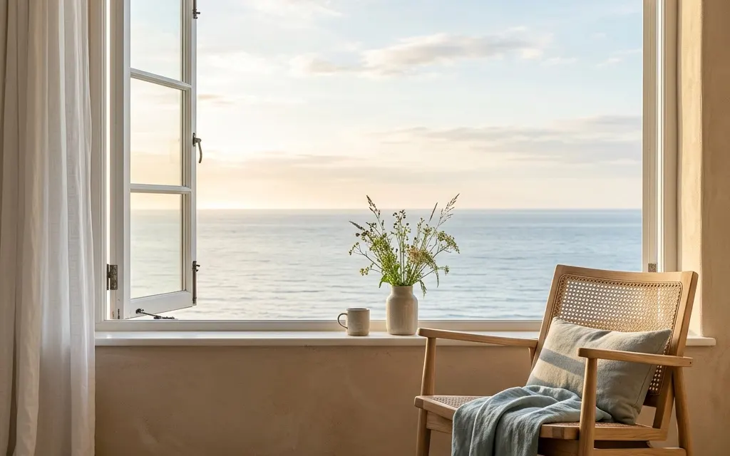 A single chair beside an open window with morning light, suggesting space, stillness, and room to step back