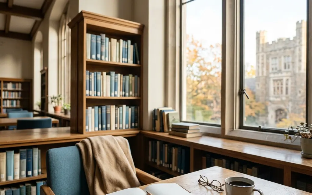 A quiet campus library study nook with an open notebook, coffee cup, and warm afternoon light through tall windows, no people