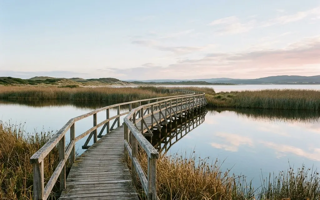 A weathered wooden footbridge crossing calm water through coastal reeds at soft morning light, no people