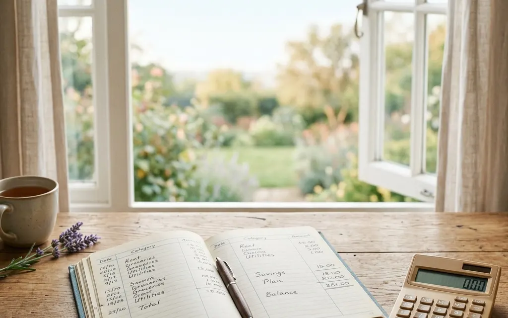 An open household ledger and a calculator on a wooden table beside a window with soft morning light, suggesting calm financial planning