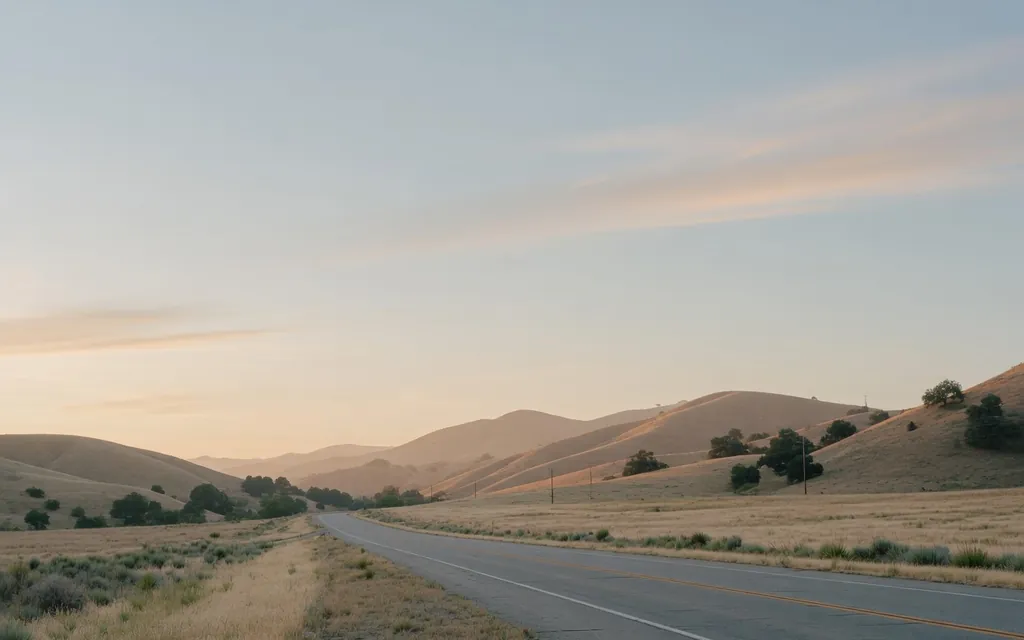 A quiet open road through calm Los Angeles County foothills toward soft morning light