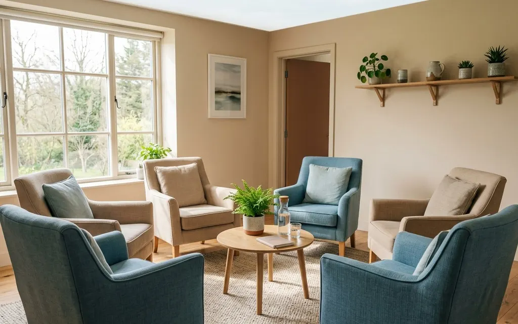 A circle of empty upholstered chairs in a warm, sunlit therapy room with a small side table, no people present