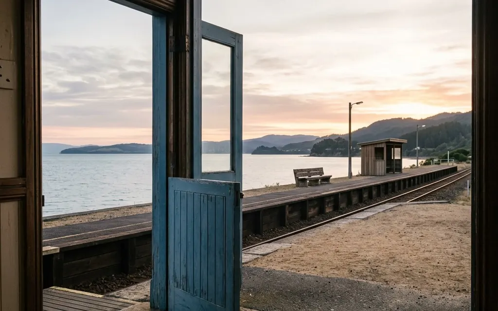 Quiet station bay at dawn with soft light through an open door, no people