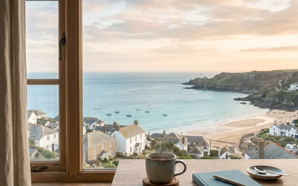 A calm desk by a window with a cup of tea and soft morning light over a coastal neighborhood, no people