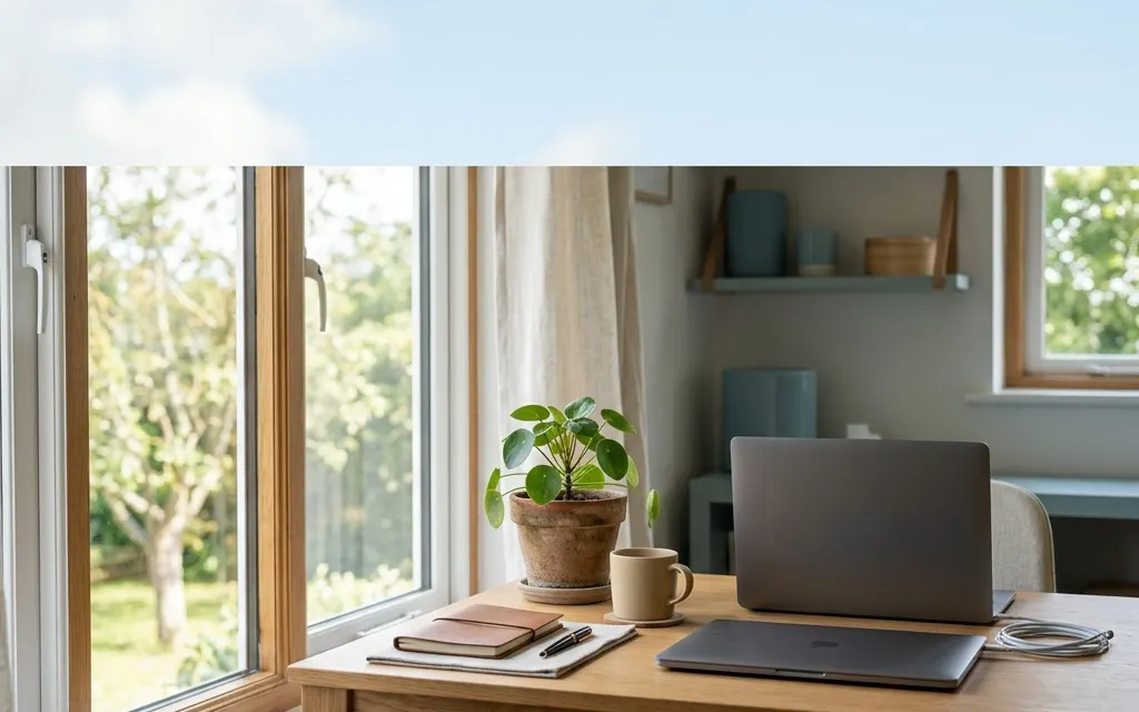 An empty office desk by a sunlit window with a closed laptop and a small potted plant, suggesting a planned pause from work