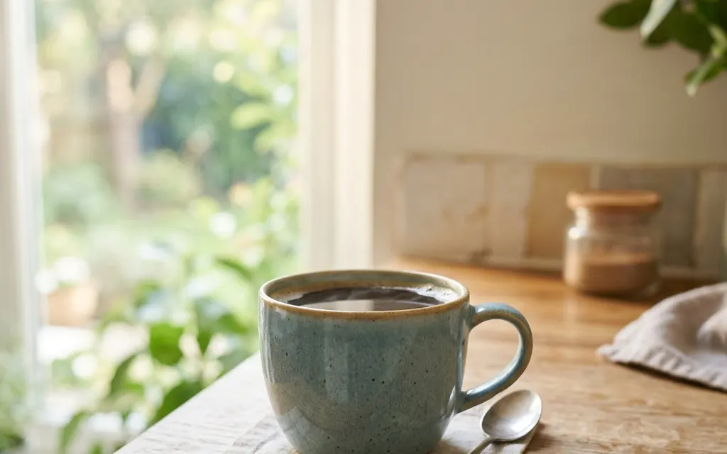 A still cup of coffee cooling on a kitchen counter in soft morning light, no people
