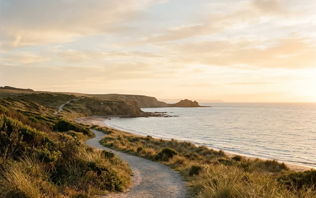 Calm coastal walking path at golden hour curving gently into the distance, suggesting a gradual journey