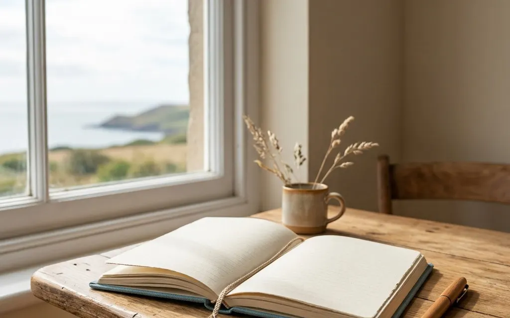 An open notebook and pen on a sunlit wooden table beside a window, suggesting calm comparison and planning