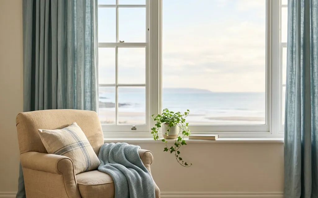A soft morning light falling across an empty armchair and a window with the curtains drawn back, suggesting a quiet, patient presence