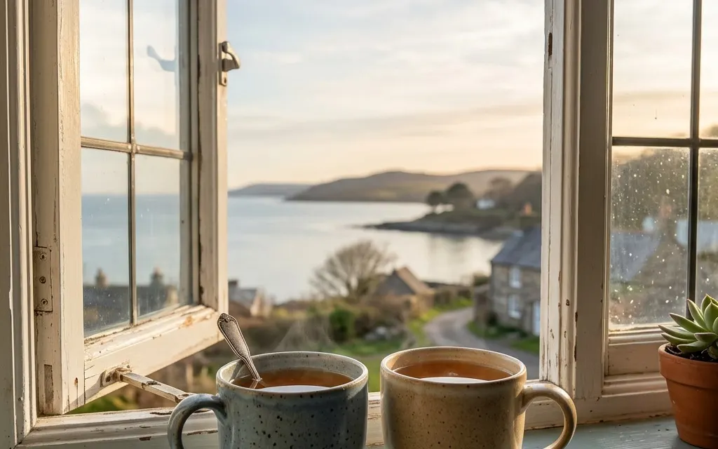 Two mugs of tea on a sunlit windowsill beside a window looking out on a quiet morning, suggesting steady companionship