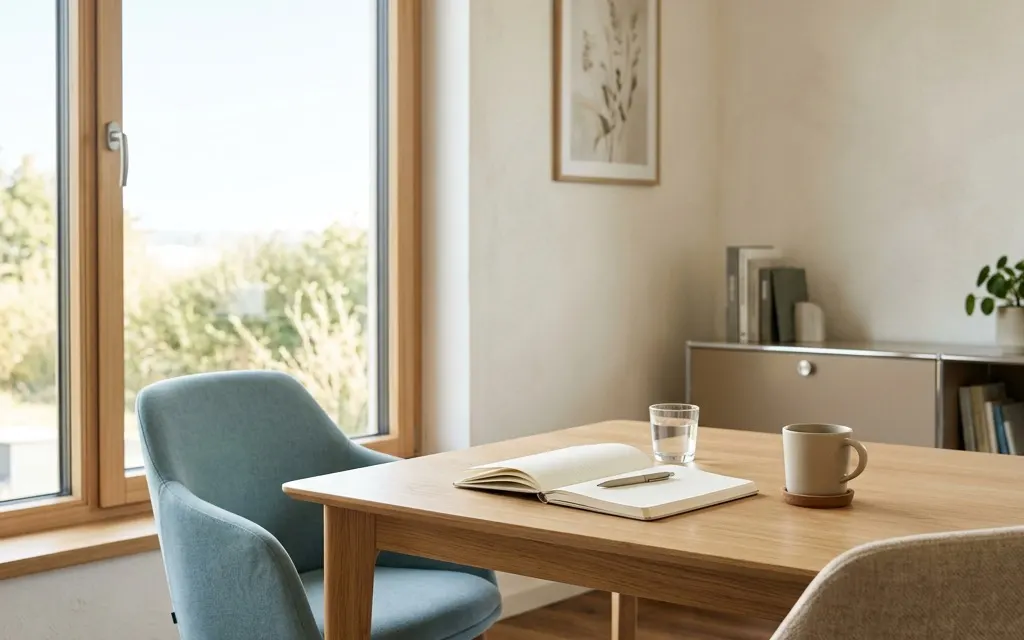 An empty, sunlit office meeting room with two chairs and a notepad on the table, suggesting a calm conversation