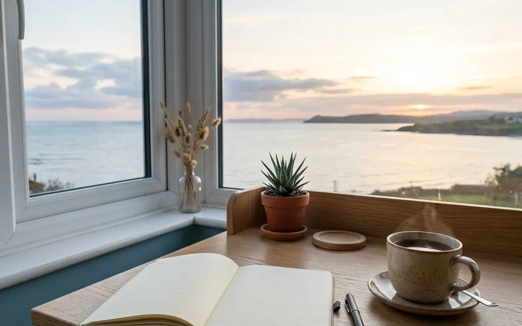 A tidy desk by a window with an open notebook and a cup of tea at dawn, suggesting calm preparation