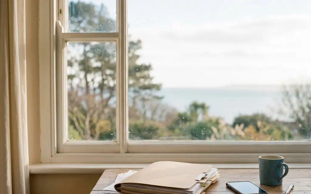 A quiet sunlit window with a folder of papers and a phone on a wooden table, suggesting calm preparation to make a call