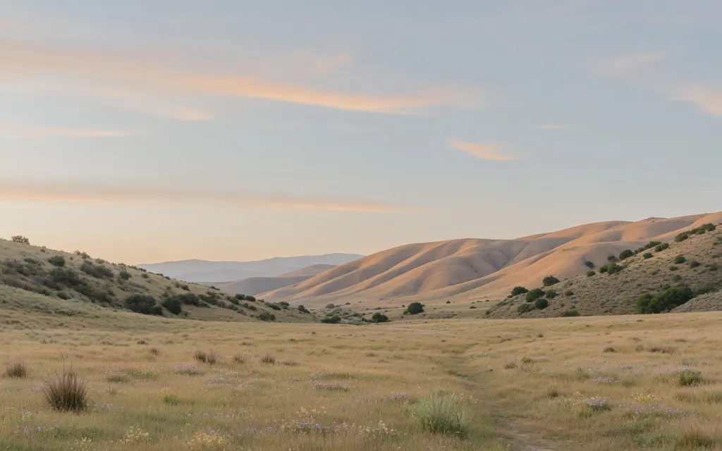A calm San Diego County valley meadow and gentle ridgeline under soft morning light with open sky