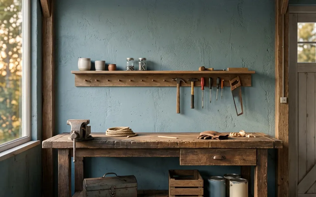 An empty wooden workbench in a quiet garage in soft late-afternoon light, no people
