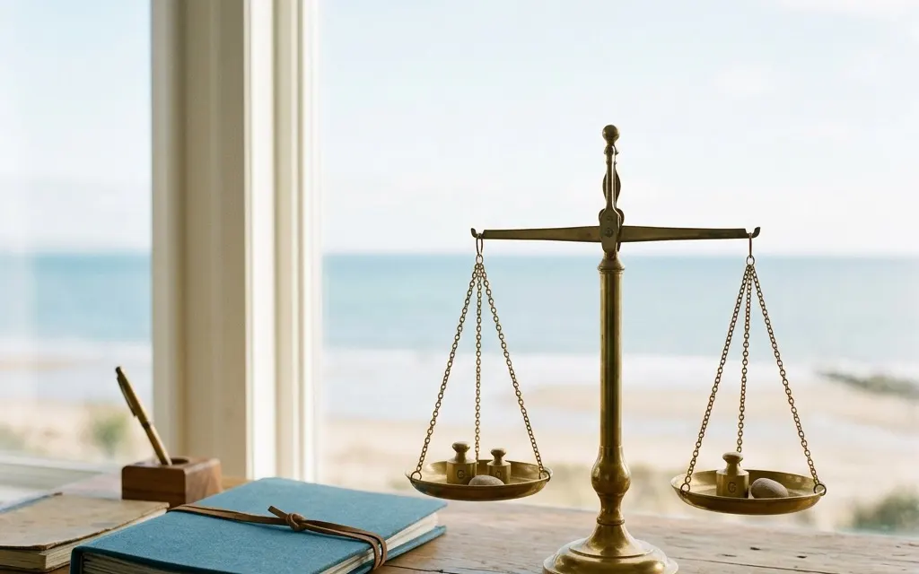A balanced set of brass scales resting on a sunlit wooden desk beside a closed folder, suggesting fairness and equal weighting