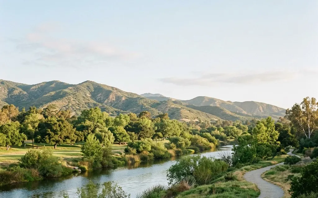 Calm green riverside parkland and foothills near Anaheim under soft morning light, no people