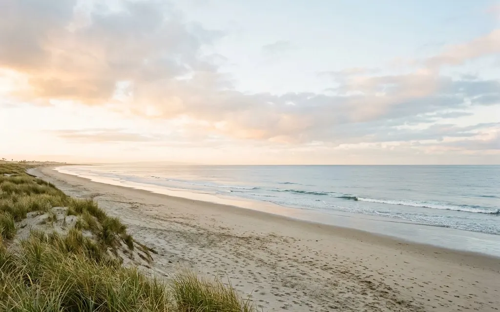 Calm wide Huntington Beach shoreline with dune grass and open sky at soft morning light, no people