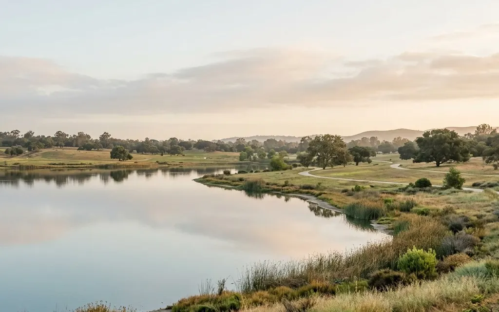 Still lake and open parkland with wide sky near Irvine at soft morning light, no people