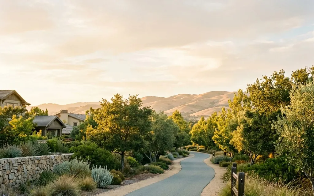 A calm tree-lined neighborhood trail in a master-planned California suburb at golden hour, with rolling hills in the distance and no people