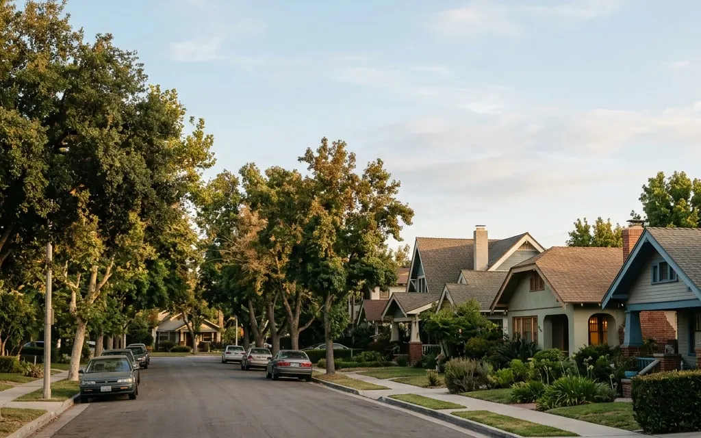 A quiet tree-lined Santa Ana neighborhood street with bungalow rooftops and warm late-afternoon light, no people