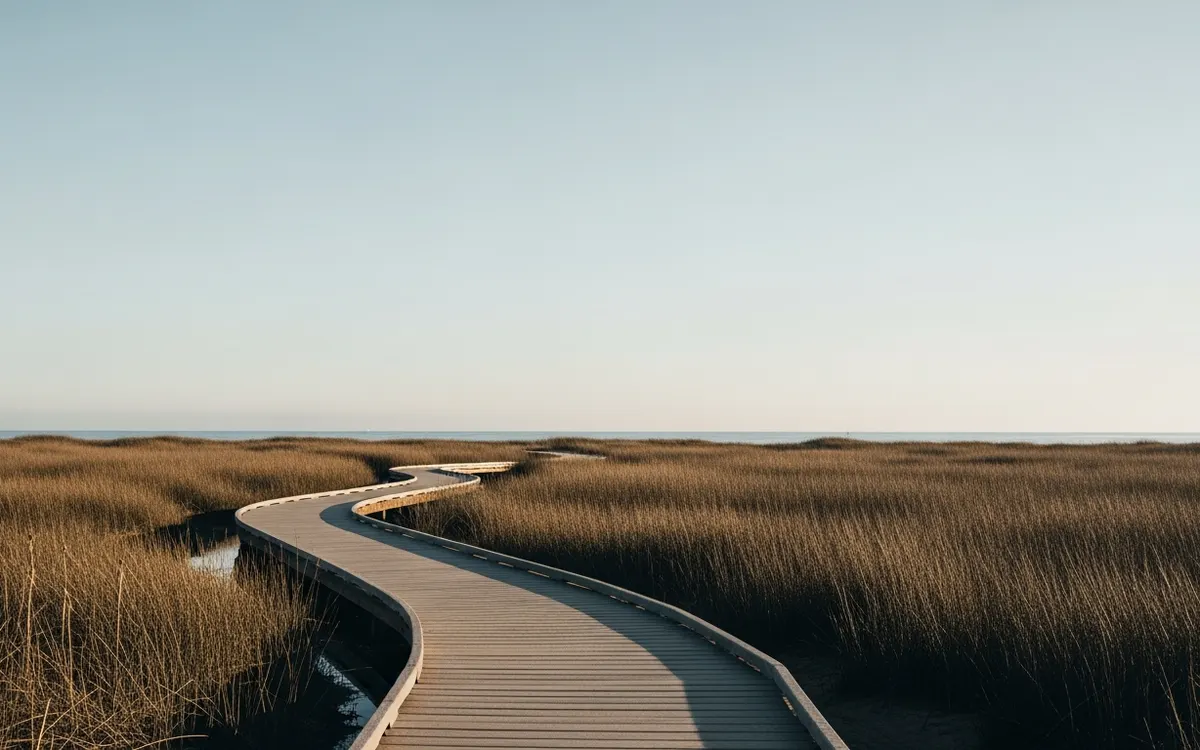 Quiet wetland boardwalk through reeds and open sky at Madrona Marsh in Torrance at soft morning light, no people
