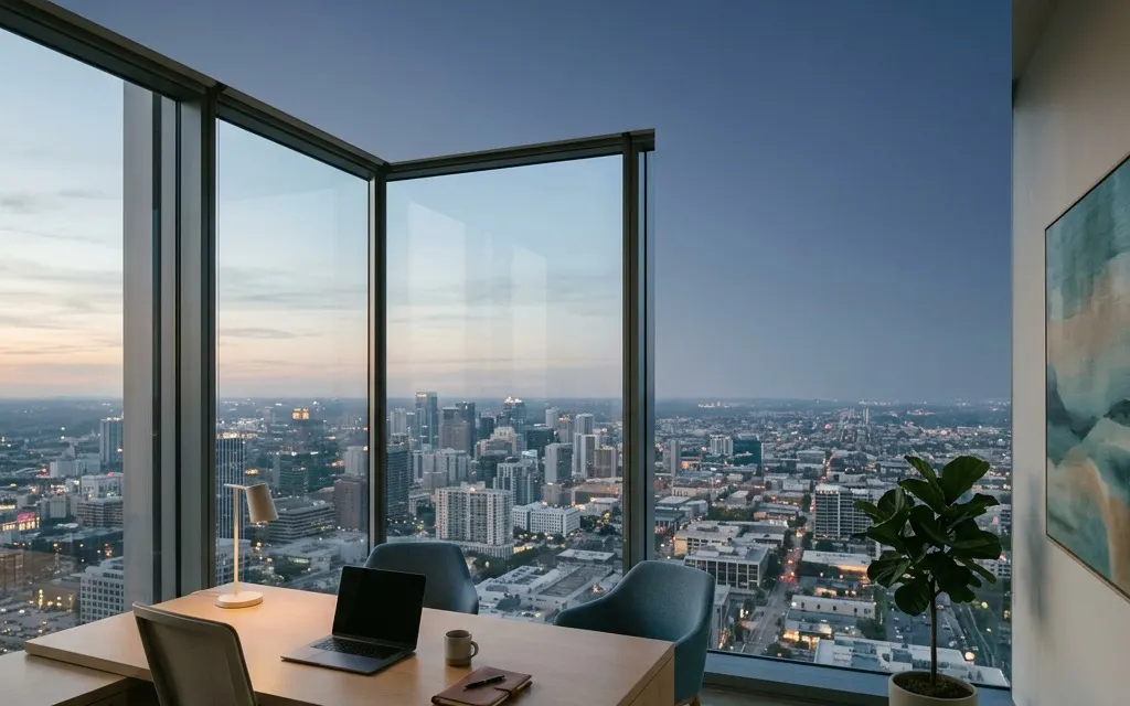 An empty corner office at dusk with a calm view over the city, soft light, no people