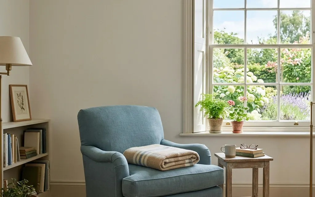 A quiet sunlit living room with an empty armchair, a folded reading blanket, and a window looking onto a garden, no people