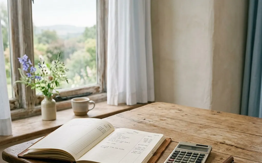 An open ledger and a calculator on a wooden table beside a window with soft morning light, suggesting careful, calm planning