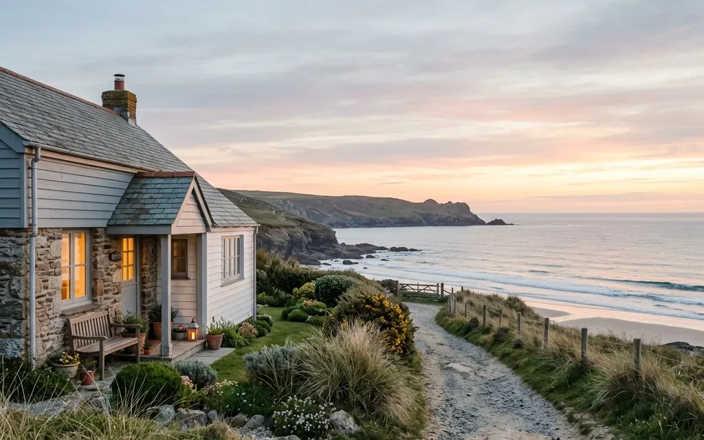A quiet coastal home at dawn beside an open path, suggesting a choice between staying home and stepping away