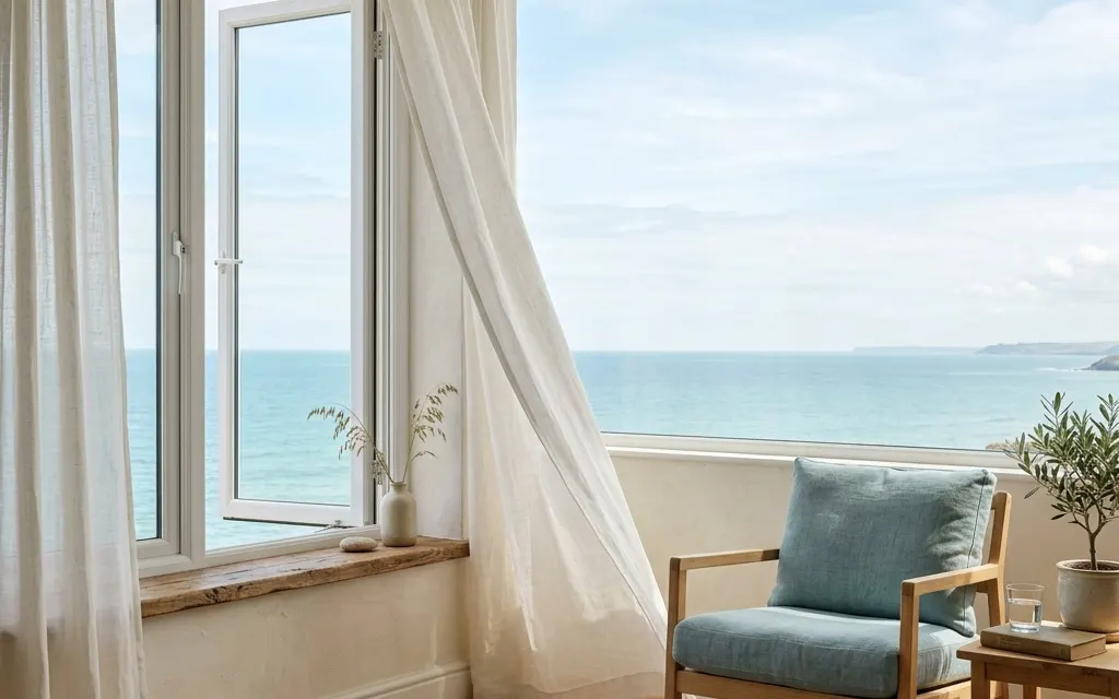 A quiet, sunlit room with an open window and soft curtains moving in coastal air, no people