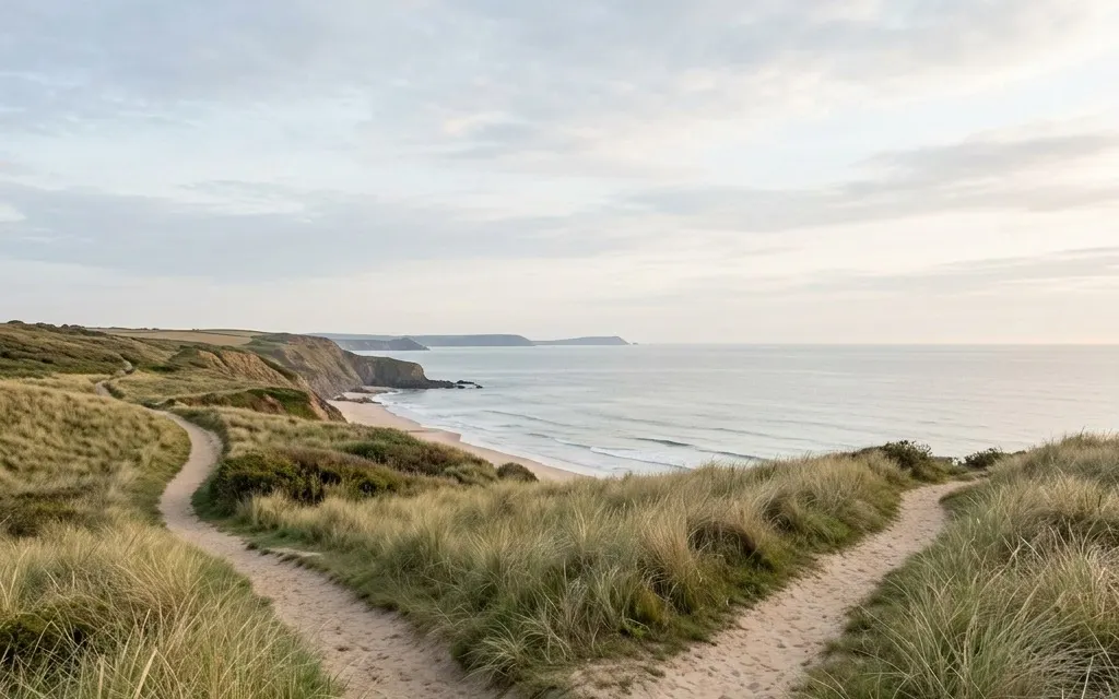 Two calm coastal paths diverging, representing a choice between levels of care