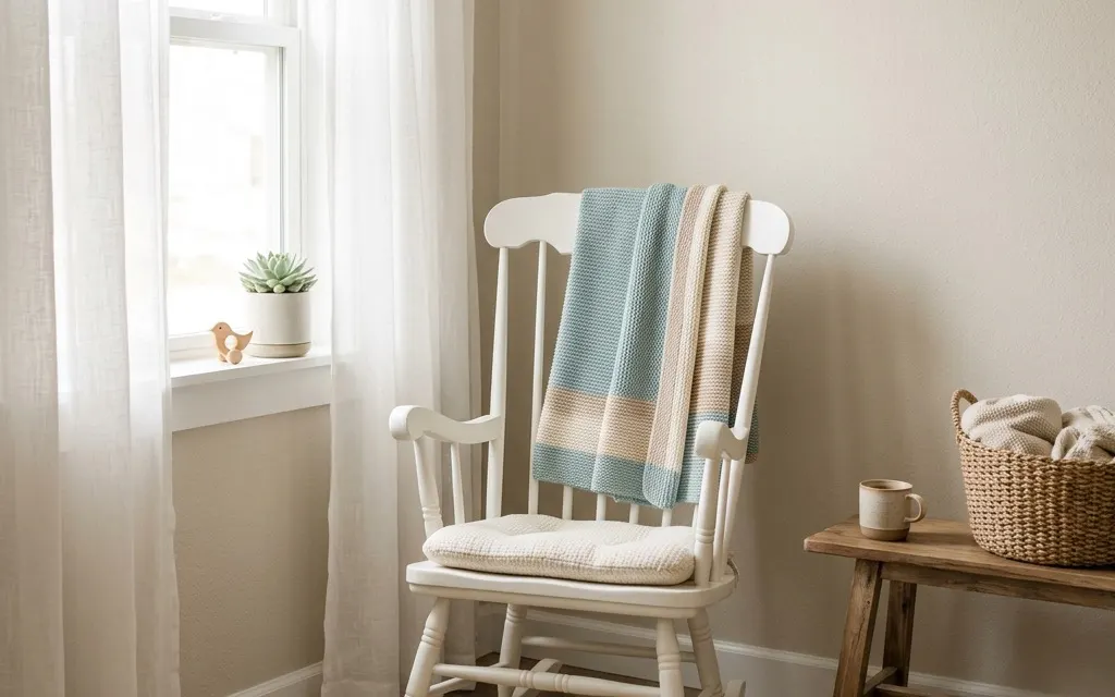 A softly lit nursery corner with a rocking chair, folded blanket, and morning light through sheer curtains, no people