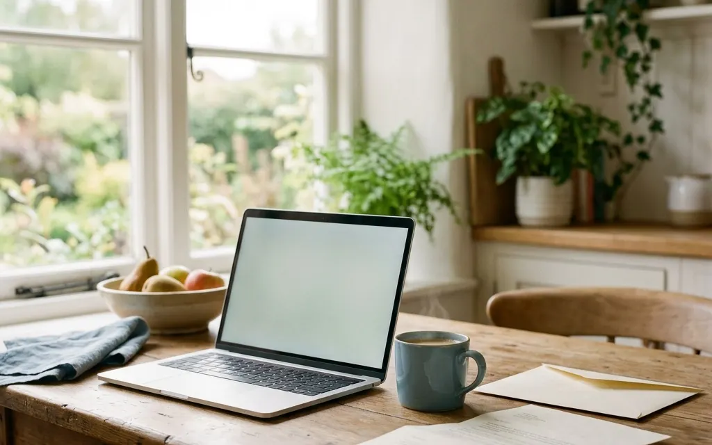 A sunlit kitchen table with an open laptop, a coffee mug, and a folded insurance letter, suggesting calm planning