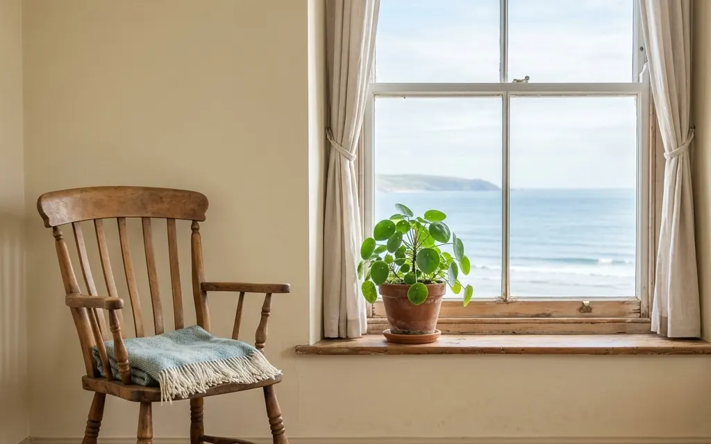 An empty wooden chair beside a sunlit window with soft coastal morning light and a houseplant, no people