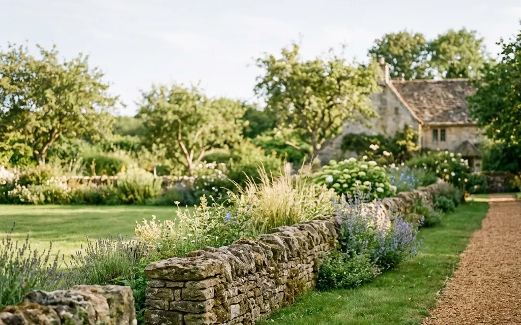 A low garden wall of weathered stone running through a quiet, sunlit yard, suggesting a calm and well-kept boundary
