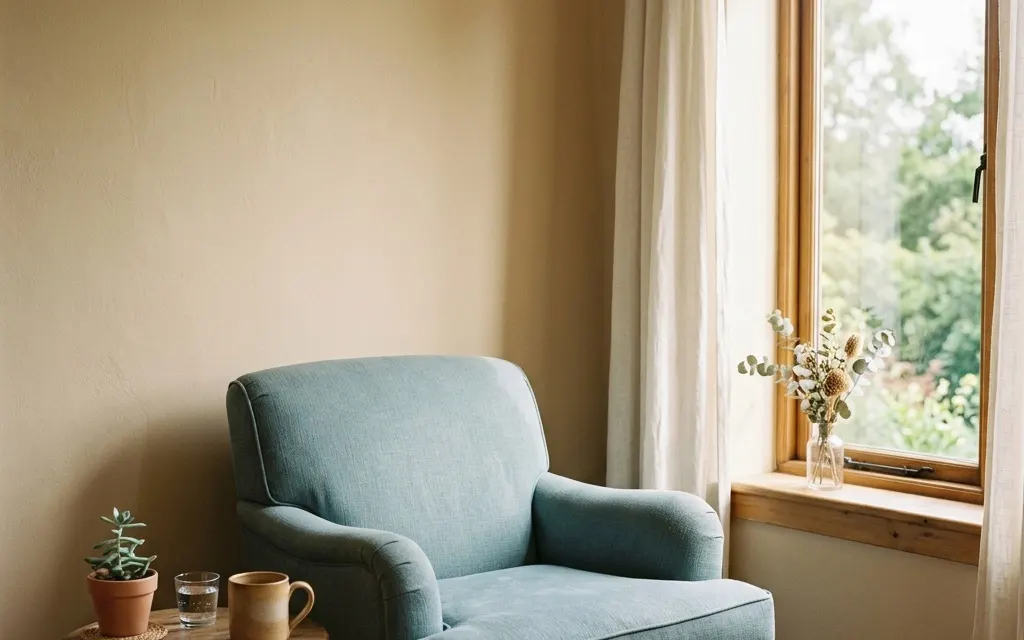 An empty armchair beside a sunlit window, suggesting a quiet space between therapy sessions