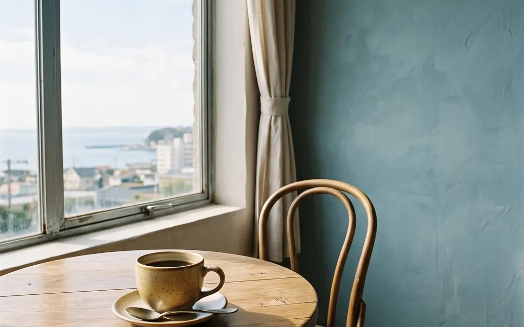 An empty café table by a sunlit window with a single coffee cup, calm and inviting, no people