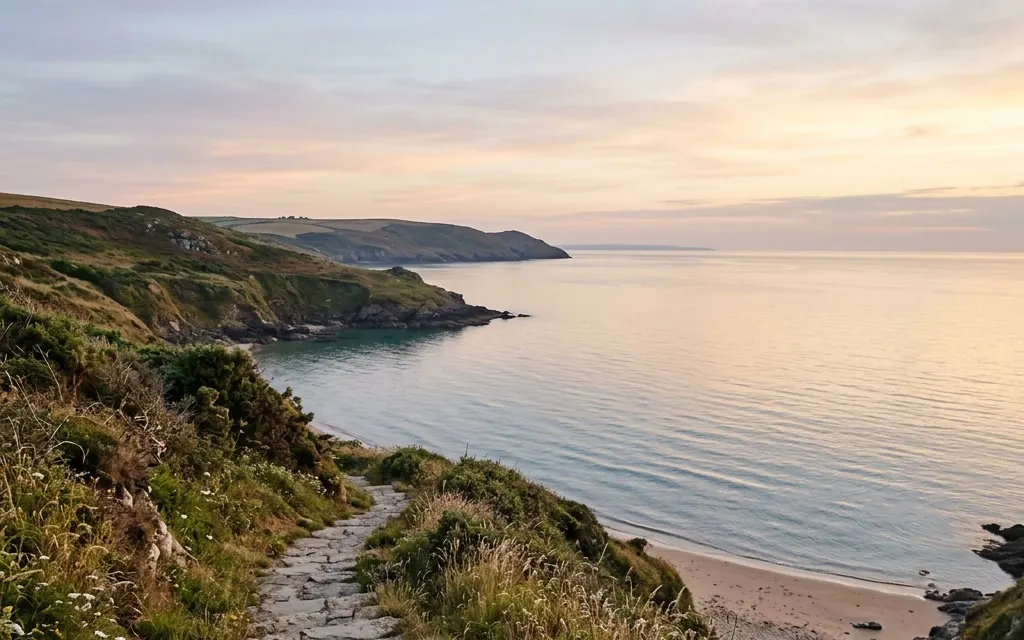 A gentle set of coastal stone steps descending toward calm water at dusk