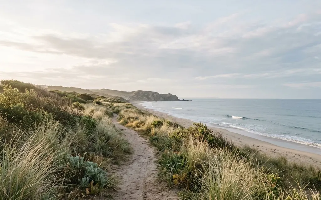 Soft morning light over a quiet coastal trail with sea grass, no people