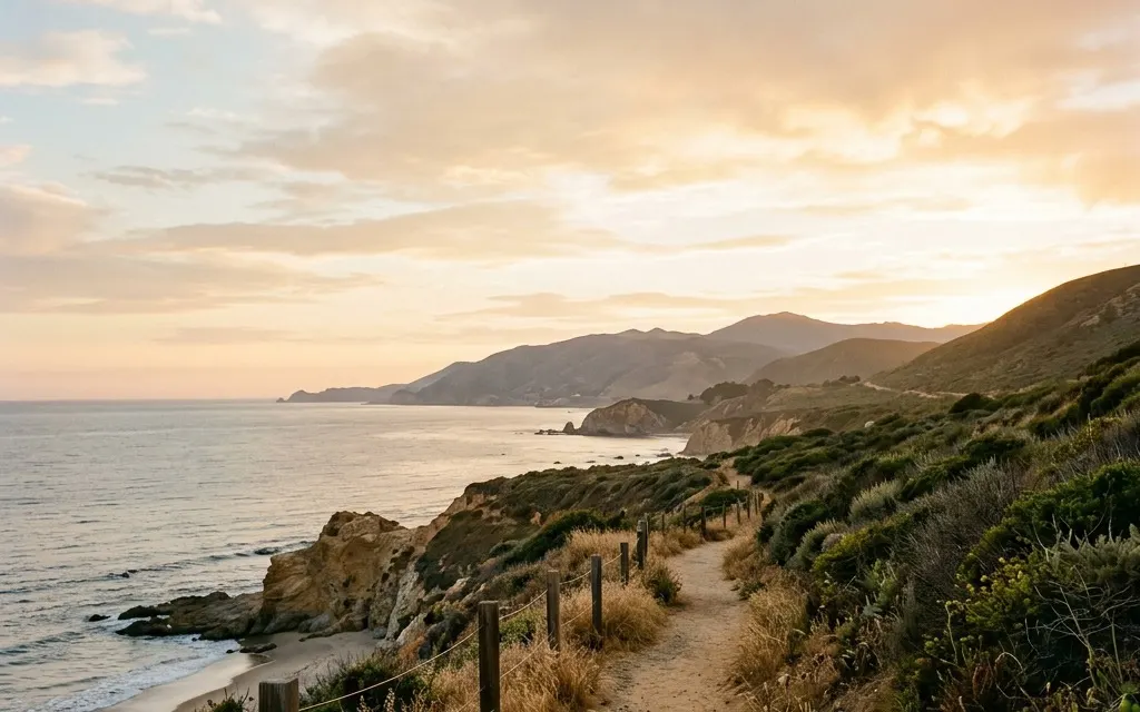 A quiet Southern California coastal trail at golden hour with open sky and distant hills, no people