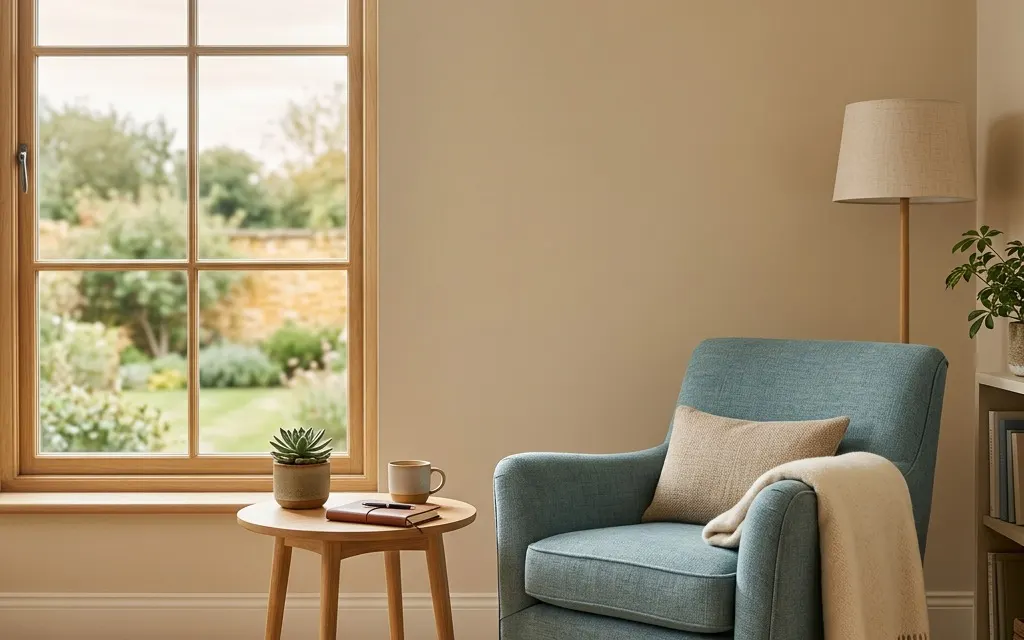A quiet, sunlit home corner with a chair near a window, suggesting a private space for online treatment