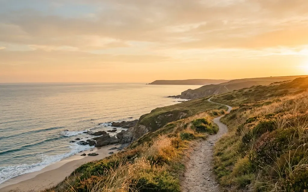 A quiet coastal trail at golden hour leading gently forward, suggesting a continued path after a milestone