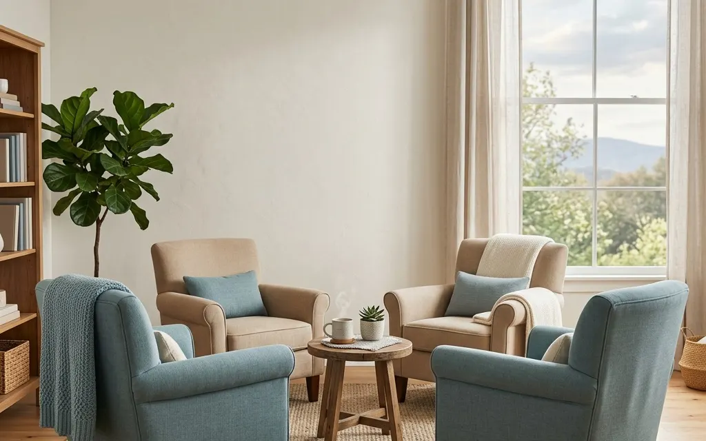 A calm, sunlit room with comfortable chairs arranged in a small circle near a window, suggesting a supportive group setting